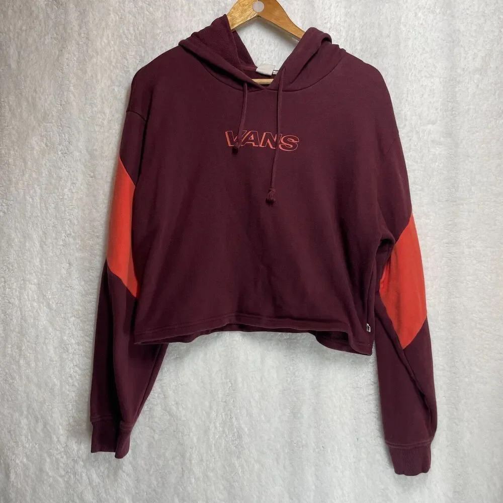 Vans Women’s L Cropped Hoodie Burgundy Red Colorblock Streetwear Casual Pullover